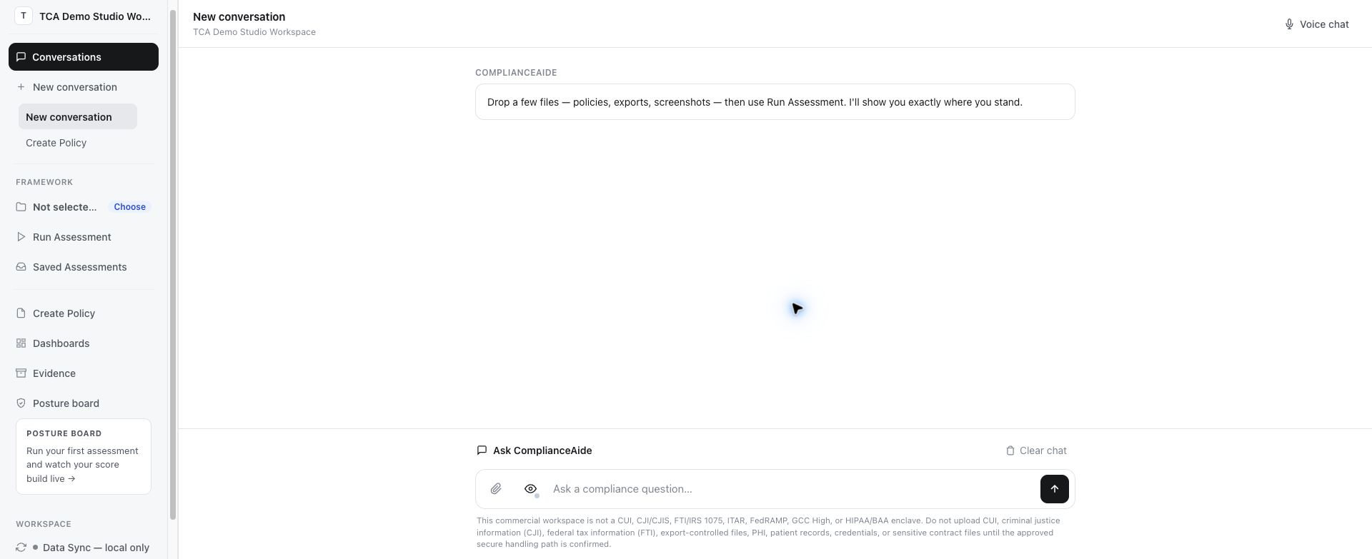 ComplianceAide clean workspace with a new conversation and framework, assessment, evidence, and policy navigation ready to use