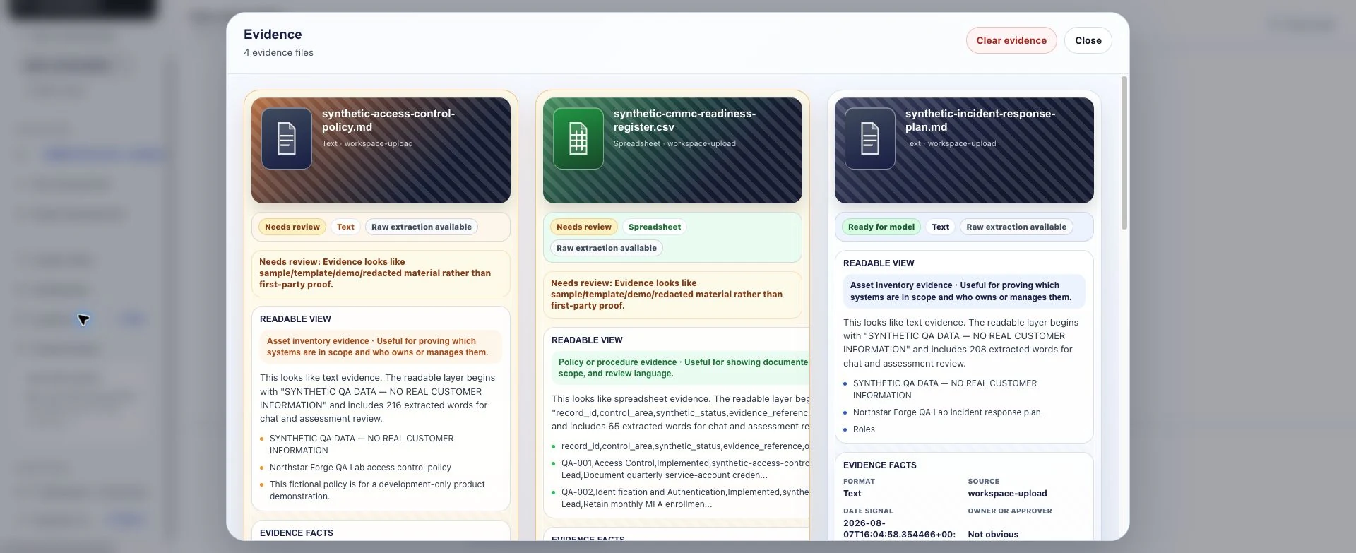 ComplianceAide evidence library showing uploaded files, readable extraction, and source details