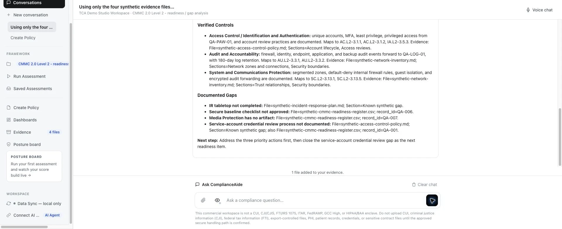 ComplianceAide showing verified controls, documented gaps, and evidence references