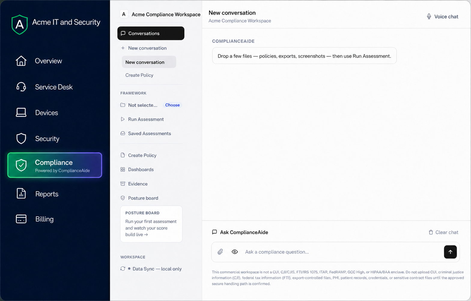 Fictional Acme IT and Security customer portal with Compliance selected and a co-branded ComplianceAide conversation workspace, framework controls, evidence tools, and assessment navigation