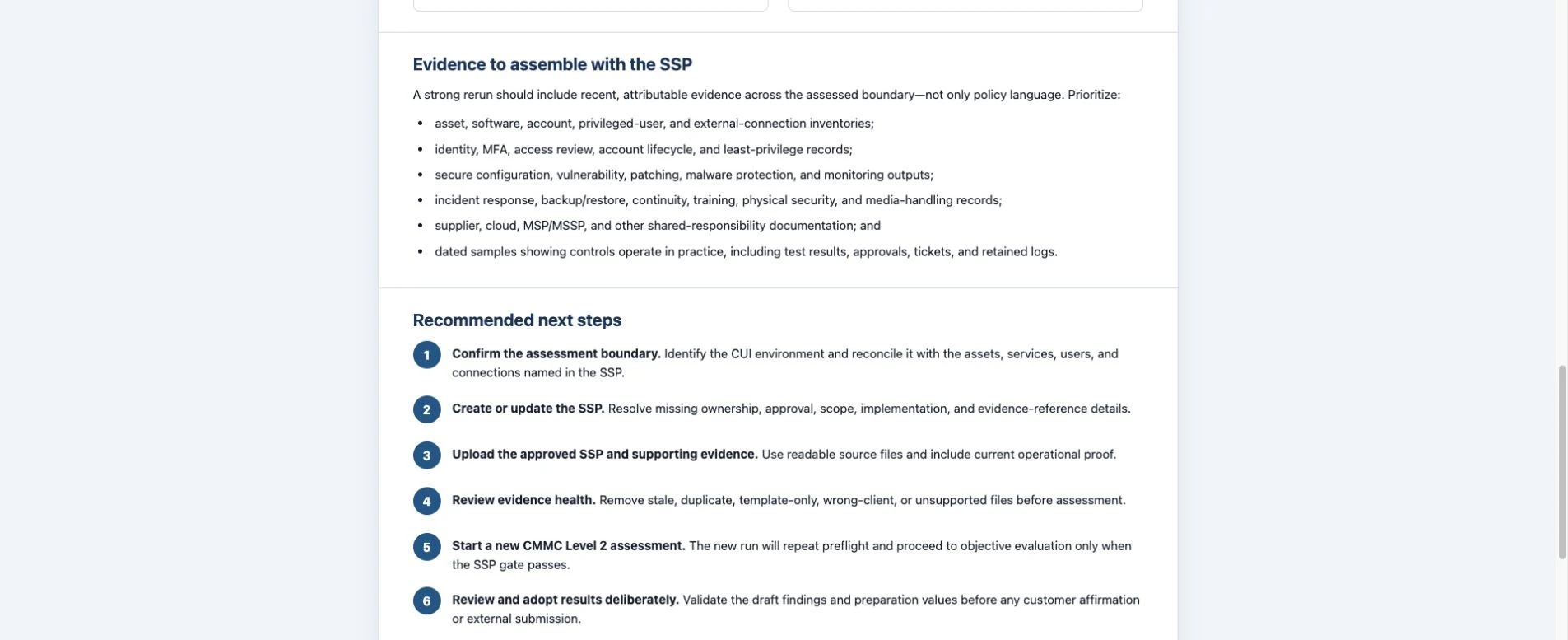 ComplianceAide assessment report showing prioritized remediation and readiness next steps