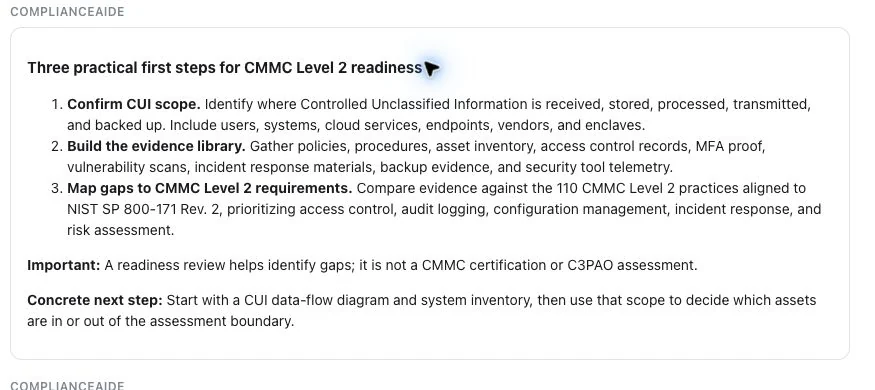 ComplianceAide guidance showing practical CMMC readiness and policy prerequisites